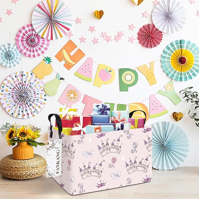 Storage Bins, Nursery Hamper Canvas Laundry Basket Foldable with Waterproof PE Coating Large Storage Baskets for Kids Boys and Girls, Office, Bedroom, Clothes,Toys(Rec-Princess Castle