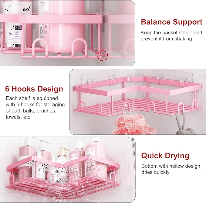 Liuoud Corner Shower Caddy 5 Pack, Rustproof Stainless Steel Shower Organizer with Soap Rack Toothbrush Holder, Large Capacity Adhesive No Drilling Bathroom Kitchen&Home Decor Set, Pink