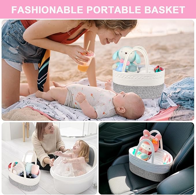 ABenkle Diaper Caddy Organizer, Boho Rustic Cotton Rope Nursery Baby Basket, Changing Table Organizer for Baby Diaper Storage and Baby Shower