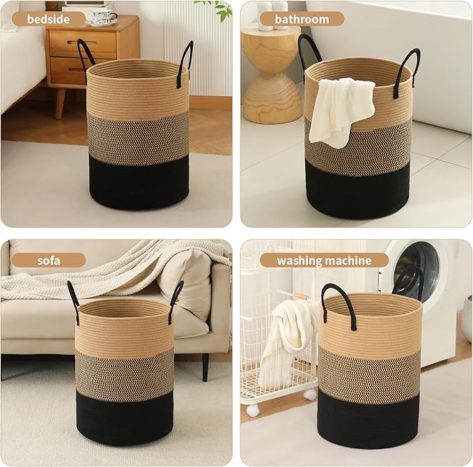Laundry Basket Hamper Tall Rope Storage Woven for Blanket toys Dirty Clothes in Living Room Bathroom Bedroom (Jute Brown & Black, 100L/26.4Gal)