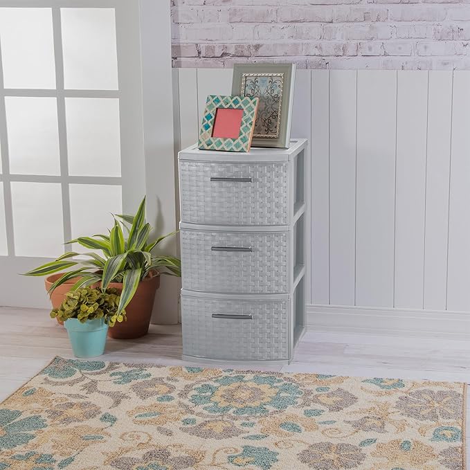 Sterilite 8 Pack 3 Drawer Storage Tower, Plastic Weave Medium Organizer, Cement - Lightweight Opaque Container for Bedrooms, Closets, or Bathrooms