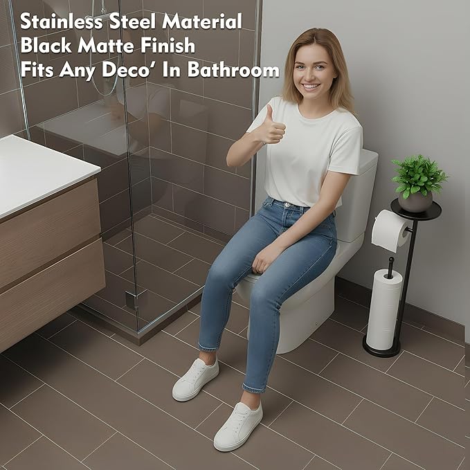 Toilet Paper Holder with Shelf, Tissue Roll Holder Stand with Storage Space for Holding Extra 4 Toilet Paper Rolls, Stainless Steel Rustproof Freestanding (Black Matte)