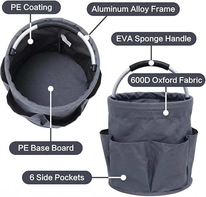 Cleaning Bucket, Cleaning caddy with Handle,17L Foldable Storage Basket 600D Oxford Fabric, 6 Pockets Portable Multi-Use Organiser for Home, Garden, Camping,Grey