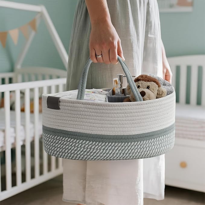 DECOMOMO Baby Caddy Organizer, Mother's Day Diaper Caddy Basket, Baby Baskets for Baby Shower (Sage Green & White, Large)