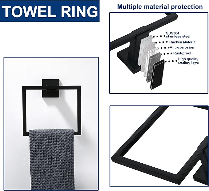 10 Pieces Bathroom Hardware Accessories Set Black, 24Inch Bathroom Towel Rack Set SUS304 Stainless Steel, Square Bath Towel bar Set Heavy Duty, Wall Mounted