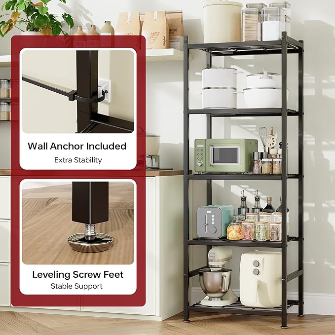 Storage Shelves, 5-Tier Metal Shelving Unit with Adjustable Feet, Compact Shelf Organizer for Garage, Kitchen, Pantry and Closet Organization,11.8" x 17.7" x 56.3", Black