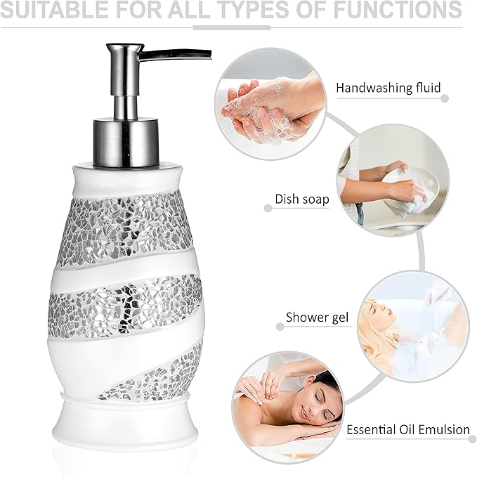 Zahari Home Sinatra Soap Dispenser/Lotion Pump Unique Design Bling Glass Mosaic Décor, White