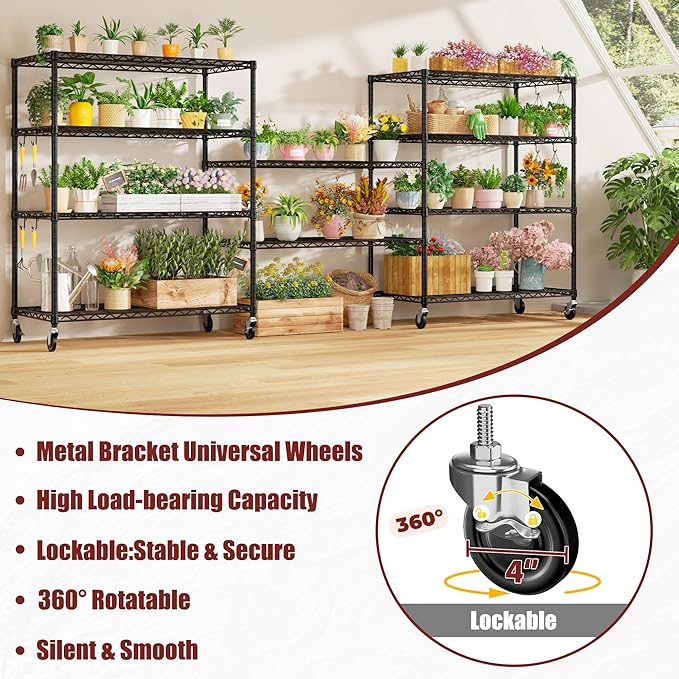 PrimeZone 4 Packs 48" W x 24" D x 81" H Heavy Duty Wire Storage Shelves with Wheels, 5 Tier Adjustable NSF Certified Garage Shelving Unit, Rolling Metal Organizer Shelf Rack for Warehouse, Restaurant
