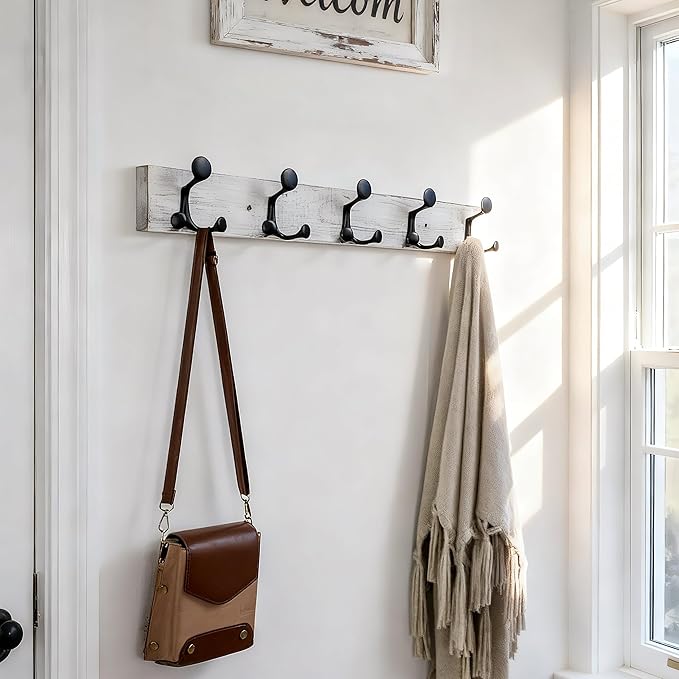 SKOLOO 24-Inch Wood Coat Rack Wall Mount with 5 Triple Hooks - Ideal for Family Entrances, Classrooms, and Pet Supplies Storage - Perfect Coat Hooks for Wall,Distressed White Wash, Pack of 2