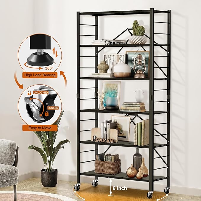 Himix 6 Tier Foldable Storage Shelves, Expandable Folding Bookshelf with Wheels, Changeable into 2 Shelf Units, Collapsible Adjustable Storage Rack Metal Shelves for Garage, Kitchen, Black