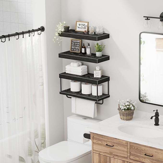 QEEIG Bathroom Floating Shelves Over Toilet - Wall Mounted Shelf Toilet Paper Storage Farmhouse 16 inch Set of 3, Black (027-40B3)