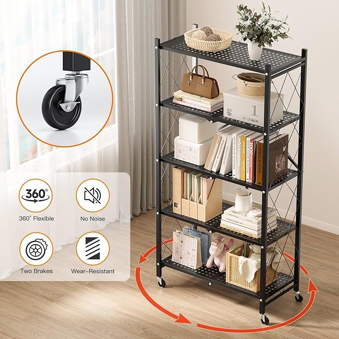 HealSmart Heavy Duty 5-Tier Foldable Metal Rack, 27.95" D x 14.96" W x 63.78" H Storage Shelving Unit 1250 lbs with Wheels Moving Organizer Shelves for Garage Kitchen, Black, 2 Pack