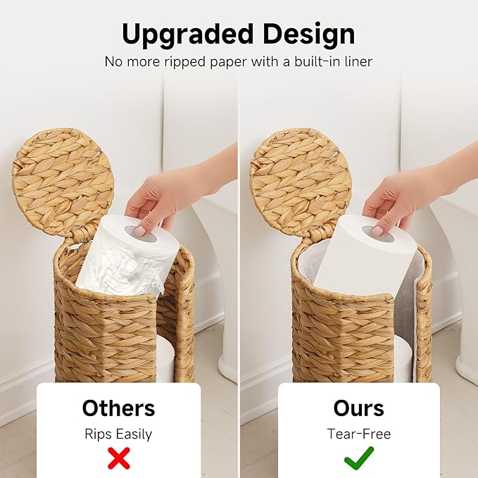 StorageWorks Water Hyacinth Free Standing Toilet Paper Holder Stand for Bathroom, 3 Rolls of Toilet Tissue Storage with a Built-in Cloth Lining, Toilet Roll Holder Stand with Lid