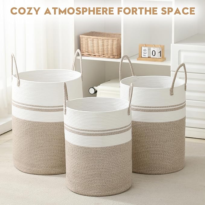 Laundry Basket Hamper Tall Rope Storage Woven for Blanket toys Dirty Clothes in Living Room Bathroom Bedroom (Brown&White, 80L/21.3Gal)