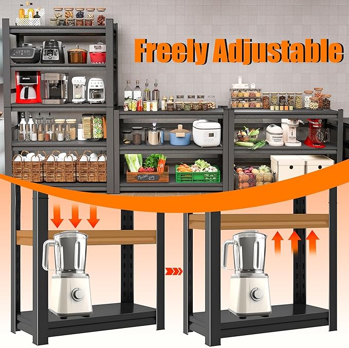 5-Tier Kitchen Shelf Organizer, Solid Metal Adjustable Storage Rack for Pots, Pans, Bottles & Pantry Goods, Space-Saving, Black 72''H×35.4''W×15.7''D
