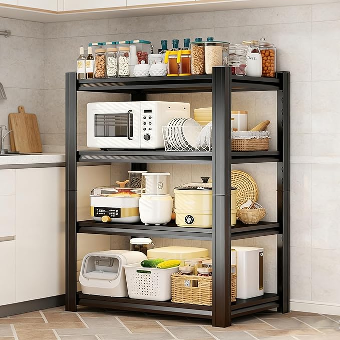 4-Tier Kitchen Shelf Organizer, Solid Metal Adjustable Storage Rack for Pots, Pans, Bottles & Pantry Goods, Space-Saving, Black (54" H x 45.2" W x 19.6" D)