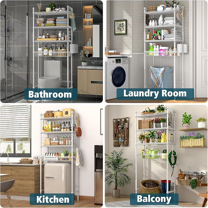PrimeZone Over The Toilet Storage Rack - 4 Tier Adjustable Bathroom Shelf Organizer, Metal Space Saver Over Toilet with 2 Hooks, Freestanding Above Toilet Storage Shelves for Bathroom Laundry, White
