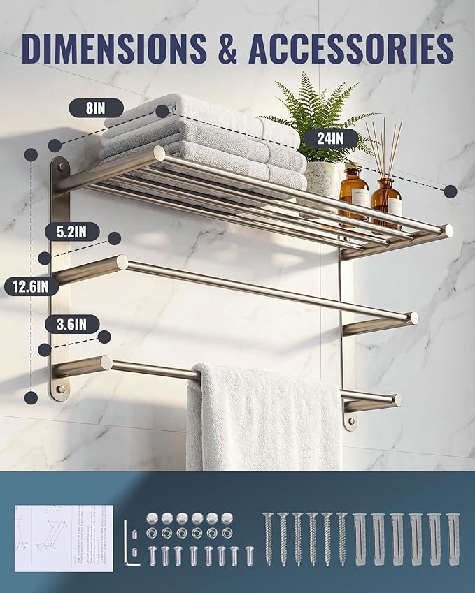 Bathroom Towel Rack Wall Mounted: 24 Inch Brushed Nickel Towel Rack with Double Towel Bar - SUS304 Stainless Steel Bath Towel Holder with Shelf for Hotel Lavatory