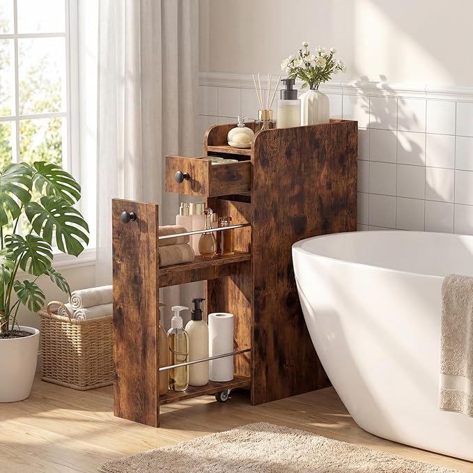 Tangkula Slim Bathroom Storage Cabinet, 4-Tier Narrow Small Side Storage Cabinet Next to Toilet, Slide Out Drawers on Casters, Floor Organizer Toilet Paper Holder for Small Spaces (Rustic Brown)