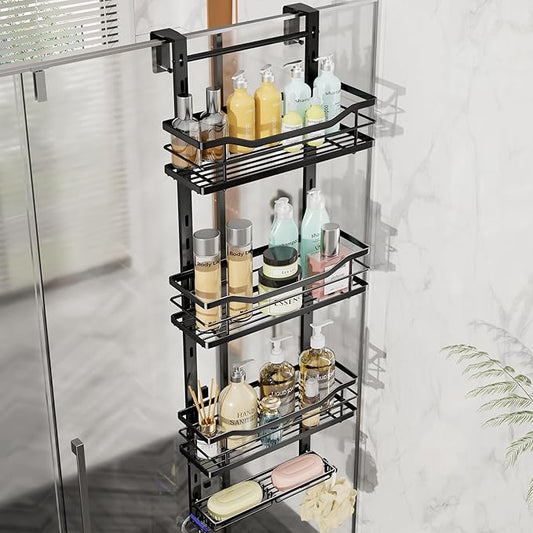 SWTYMIKI Over the Door Shower Caddy - 4 Tier Adjustable Shower Organizer Hanging with Soap Holder, No Drilling Stainless Steel Bathroom Rack Hanging for Body Wash, Shampoo, Soap, Razor, Black