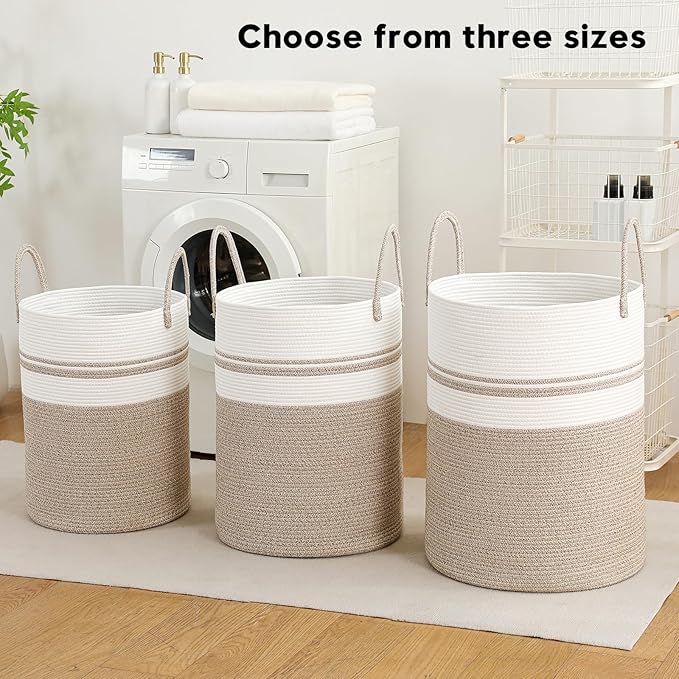 Laundry Basket Hamper Tall Rope Storage Woven for Blanket toys Dirty Clothes in Living Room Bathroom Bedroom (Brown&White, 60L/15.8Gal)