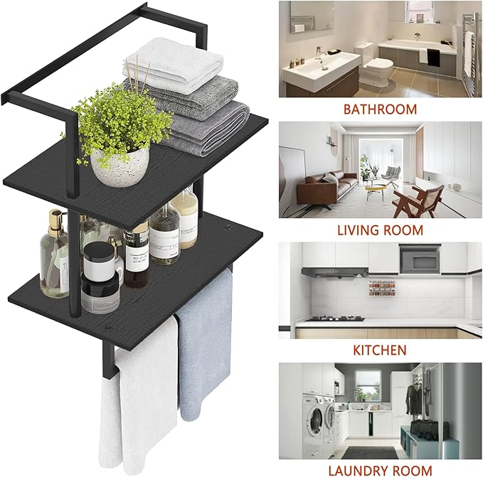 Wall Mounted Towel Rack for Bathroom, Bath Storage Holder 3-Tier Steel Wood Towel Shelf with Bar, Black