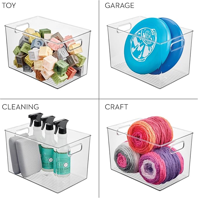 iDesign Storage Bins with Handles - Organizer Bins for Kitchen, Pantry, Bathroom, or Home Office - Set of 4 - Clear