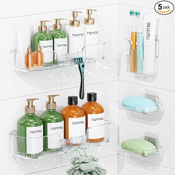 HAMITOR Adhesive Shower Caddy for Bathroom：5 Pack Clear Bath Shelves No Drilling for Modern Renters & Home Decor - Rustproof Acrylic Shower Organizer for Bathroom Storage