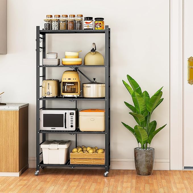 5-Tier Folding Metal Storage Shelf with Wheels & Hooks, Heavy Duty Utility Rack, No-Assembly Collapsible Organizer for Kitchen, Garage, Office, Living Room – 750 lbs Capacity(Black, 5-Tier)