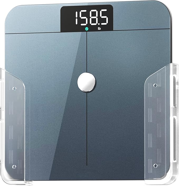 ELETIUO Wall-Mounted Scale Holder with Adhesive &Screws -Fits Most Digital Scales (Up to 1.2"/30mm Thick),Anti-Slip Silicone Pads,Space-Saving Bathroom/Bedroom Organizer-Easy to Install, Clear