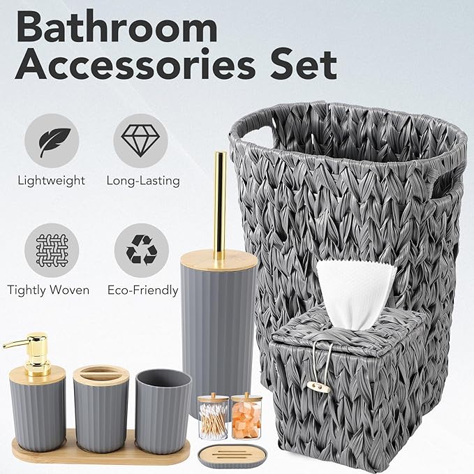 Bathroom Accessory Set, 10 Pieces Bath Set- Wicker Trash Can Tissue Box Soap Dish Toothbrush Holder Rinse Cup Lotion Bottle Toilet Brush Qtip Holder - Practical Bathroom Decor Sets (Grey, Bath Set)