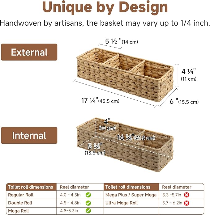 StorageWorks Toilet Paper Basket for Back of Toliet, Toilet Tank Basket with 3 Large Compartments, Water Hyacinth Toilet Paper Storage Baskets, 17¼" x 6" x 4¼", 2-Pack