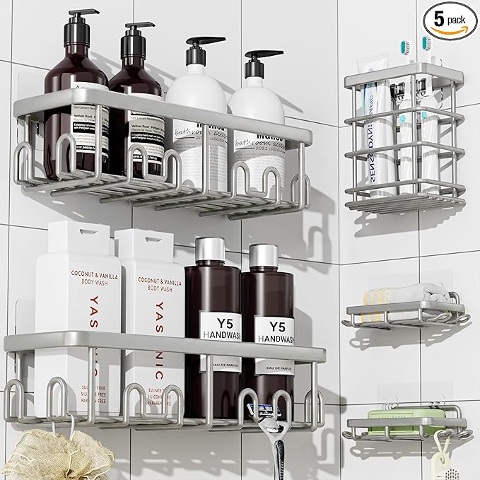 YASONIC Shower Caddy Adhesive 5-Pack, Rustproof Shower Shelves with 24 Hooks, No Drilling Shower Shelf for Inside Shower, Large Capacity Bathroom Organizers and Storage for Dorms & Renters, Grey