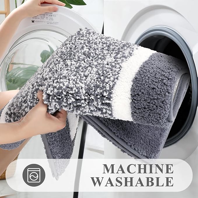 Pauwer Bathroom Rugs Set 3 Piece Non Slip Washable, Plush Absorbent Microfiber Bath Mat Shower Rug Runner Quick Dry, Super Soft U Shaped Toilet Mats Floor Carpet, Dark Grey