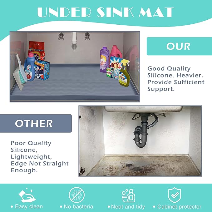 URMONA Waterproof Silicone Under Sink Mat 16'' x 10'' Shelf Liner for Kitchen and Bathroom, Cabinet and Counter Protector, Storage and Organizers, Litter Mat, Pet Cat Puppy Essentials(Black)