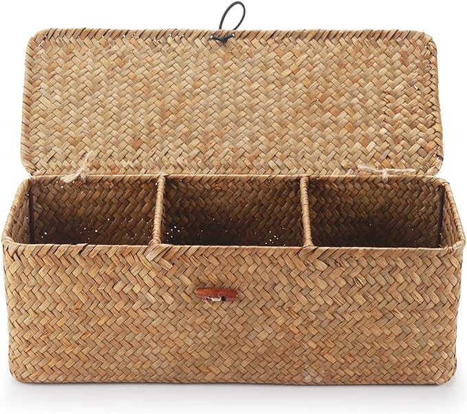 DECRAFTS Seagrass Storage Basket with Lid Rectangular Small Woven Shelf Baskets with Sections for Organize Snack Toys Tampon