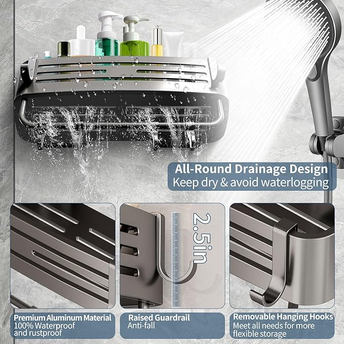 Shower Caddy Suction Cup, No Drilling Removable Shower Shelf with Towel Bar & Portable Hooks, Aluminum Rustproof Bath Corner Shower Rack Organizer for Bathroom Storage (Gray)