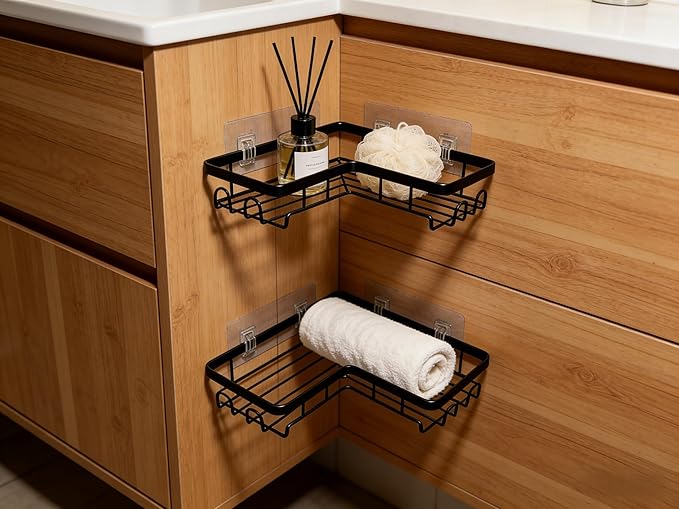 Shower Caddy 2 Pack, No Drilling Adhesive Bathroom Organizer Shelf Rack, Corner Shower Shelf with Hooks for Home Decor & Storage (Black)