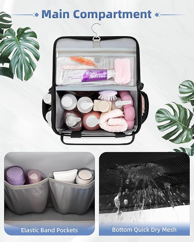 Marscamd Hanging Shower Caddy Organizer Bag for Travel with Hanging Hook, Quick Dry Mesh Bathroom Caddy Toiletry Bag with Handle for College, Dorm, Gym, Camping, Black