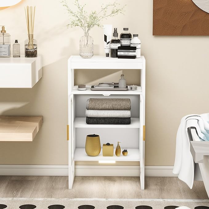 Bathroom Floor Storage Cabinet Freestanding Organizer with Sensor Light & Acrylic Doors for Bathroom, Home Office, Bedside, Sofa Side Table
