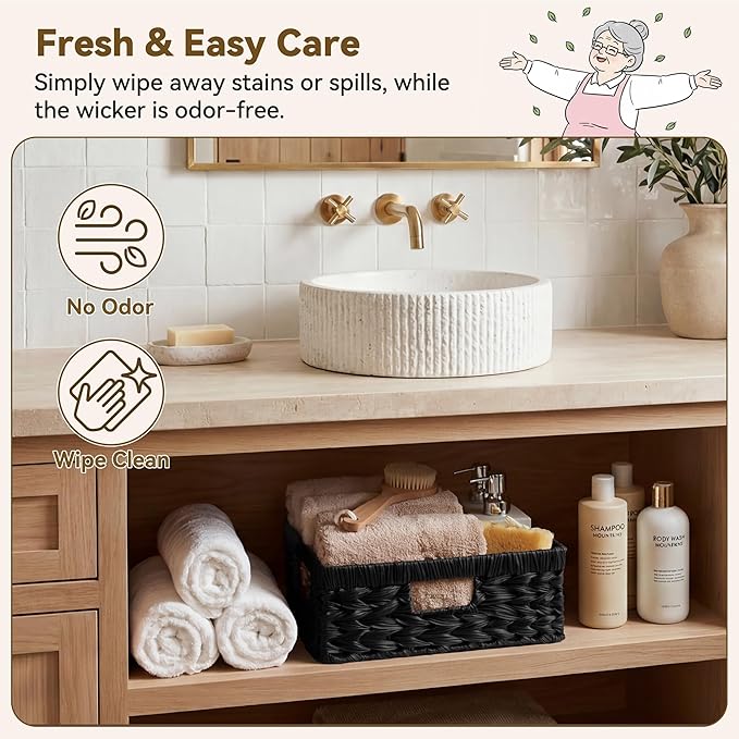 GRANNY SAYS Wicker Basket for Organizing, Wicker Storage Baskets for Shelves, Woven Baskets for Pantry Storage, Shallow Basket, Black, 1Pack