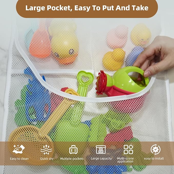 Mesh Shower Caddy Hanging,Hanging Mesh Pockets Shower Curtain Liner Pockets Hanging with Pockets Quick Dry Cruise RV Camper Bathroom Organizer with Shower Curtain Hooks