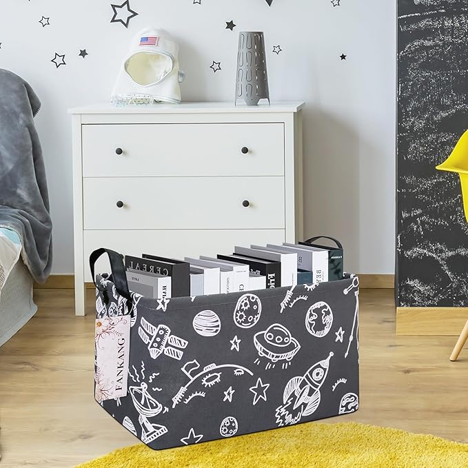 Storage Basket,Nursery Hamper Canvas Laundry Basket Foldable with Waterproof PE Coating Storage, Office, Bedroom, Clothes,Toys (Rec-Space Planet)