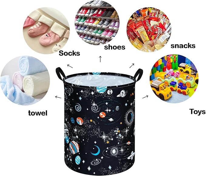 Kids Laundry Hamper Storage Basket Laundry Organizer Hamper Storage Bins Clothes Box Nursery Hamper Gift Basket with Handles (Black planet)