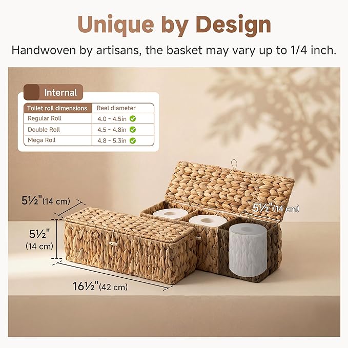 StorageWorks Toilet Paper Storage Basket with Lid, Large Wicker Baskets with 3 Compartments, Water Hyacinth Toilet Tank Basket for Shelves, Bathroom Organizer, 16½"x 5½"x 5½, 1-Pack