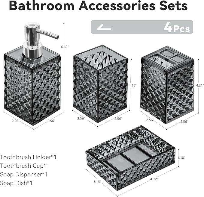 Bathroom Accessory Set, 4 PCS Grey Bathroom Accessories Set, Soap Dispenser and Toothbrush Holder Set, Soap Dish and Mouthwash Cup, Boho Bathroom Decor, Plastic Bathroom Sets Accessories