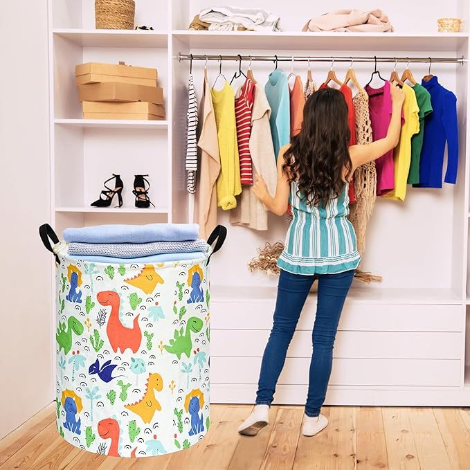 Kids Laundry Hamper Clothes Gift Basket Storage Laundry Baskets Organizer Bin with Handles for Nursery Room (Baby Dino)