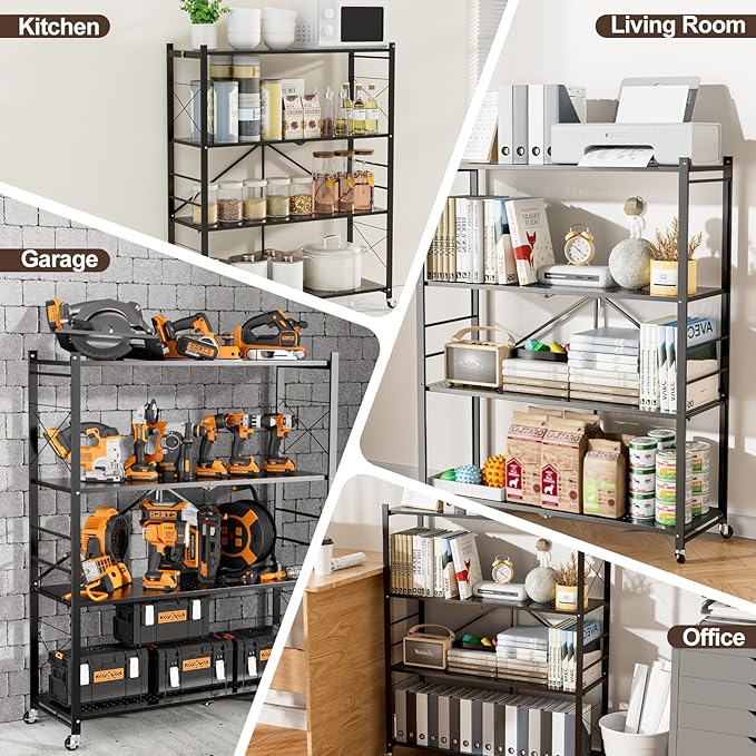 39.4" Wide 4-Tier Foldable Storage Shelves with 4 Wheels & 20 Hooks, Heavy Duty Metal Folding Shelf Unit, No Assembly, Adjustable 3rd Shelf for Kitchen, Garage, Pantry, Bookshelf, Black