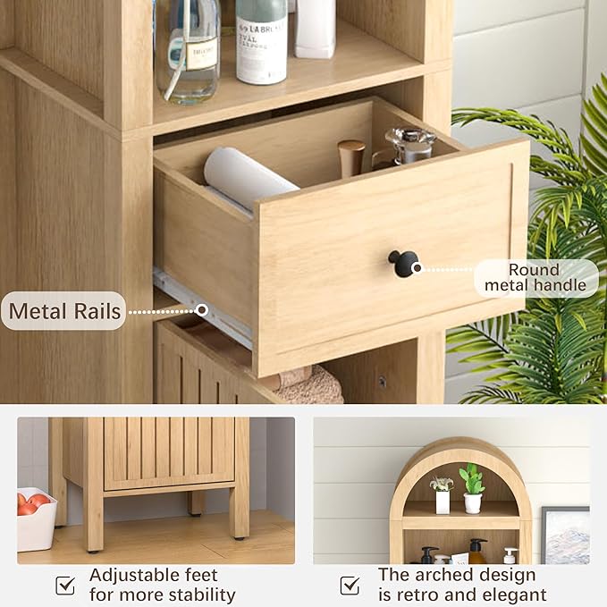 Lxsxlome 64" Tall Bathroom Storage Cabinet with Adjustable Shelves,Tall Narrow Arched Freestanding Tower Cabinet with Fluted Doors and Drawers,Space Saving Organizer for Bathroom Living Room (Oak)