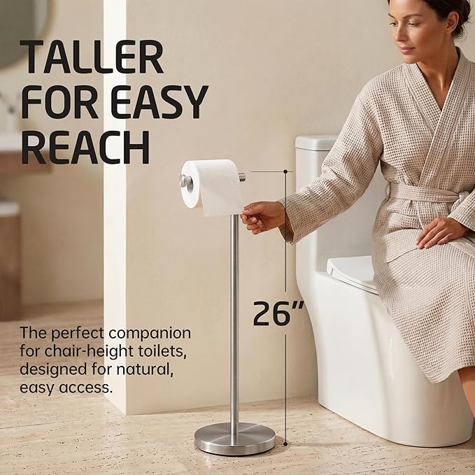 KES Toilet Paper Holder Stand 26" H (Taller Version), Free Standing Toilet Paper Roll Holder with Weighted Base for Bathroom, Rustproof SUS304 Stainless Steel Brushed Finish, BPH283S66-2